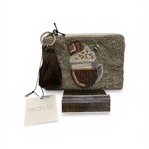 Rachel Zoe Olive Beaded Coffee Cup Wristlet with Brown Tassel NWT